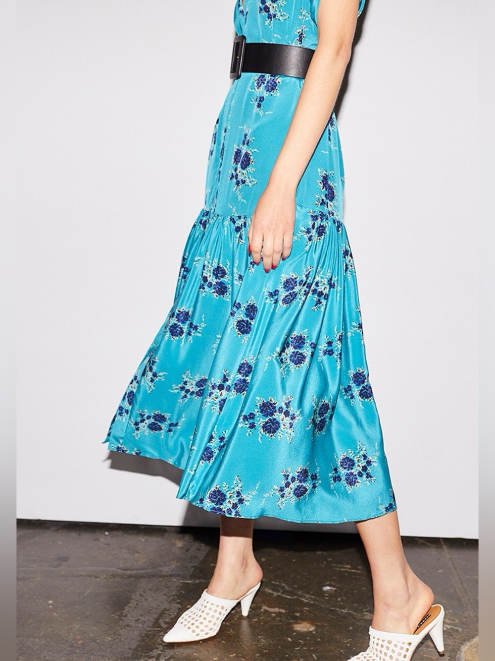 Veronica Beard Serence Tiered Maxi Skirt Turquoise Floral Print Silk